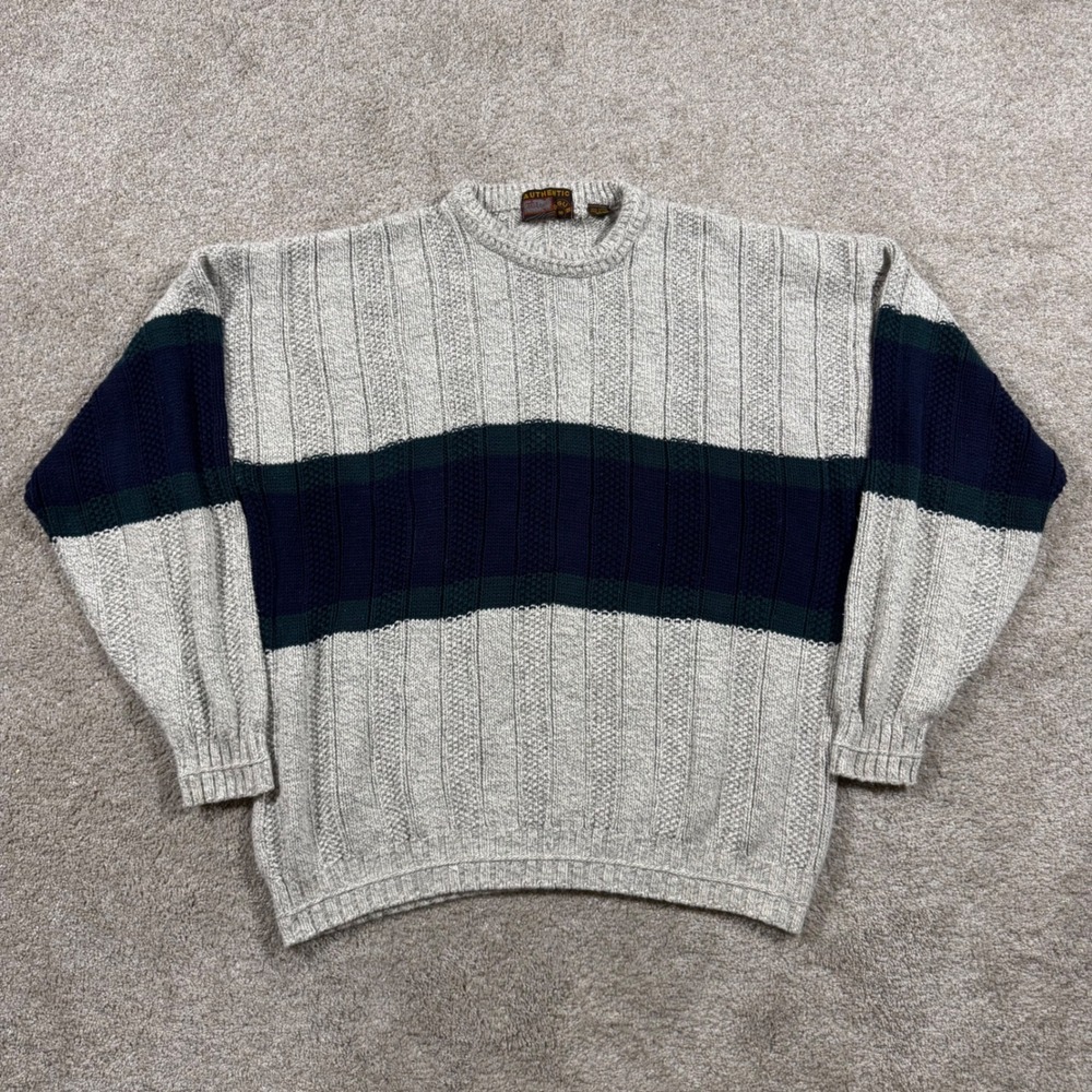 Authentic Issue 90 Mens XL Cotton Cable Knit Sweater Gray Blue Green Stripe USA